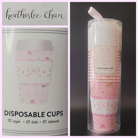 Heatherlee Chan Disposable Coffee Cups Powder Pink Bows Roses Coquette 16 oz NIP - Picture 1 of 6